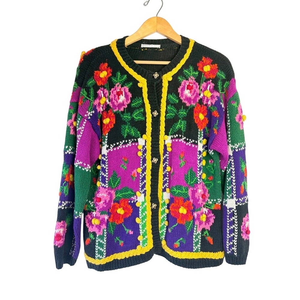 Vtg Hand Knit Floral Cardigan Sweater Black Pink Green Cotton L Cottagecore